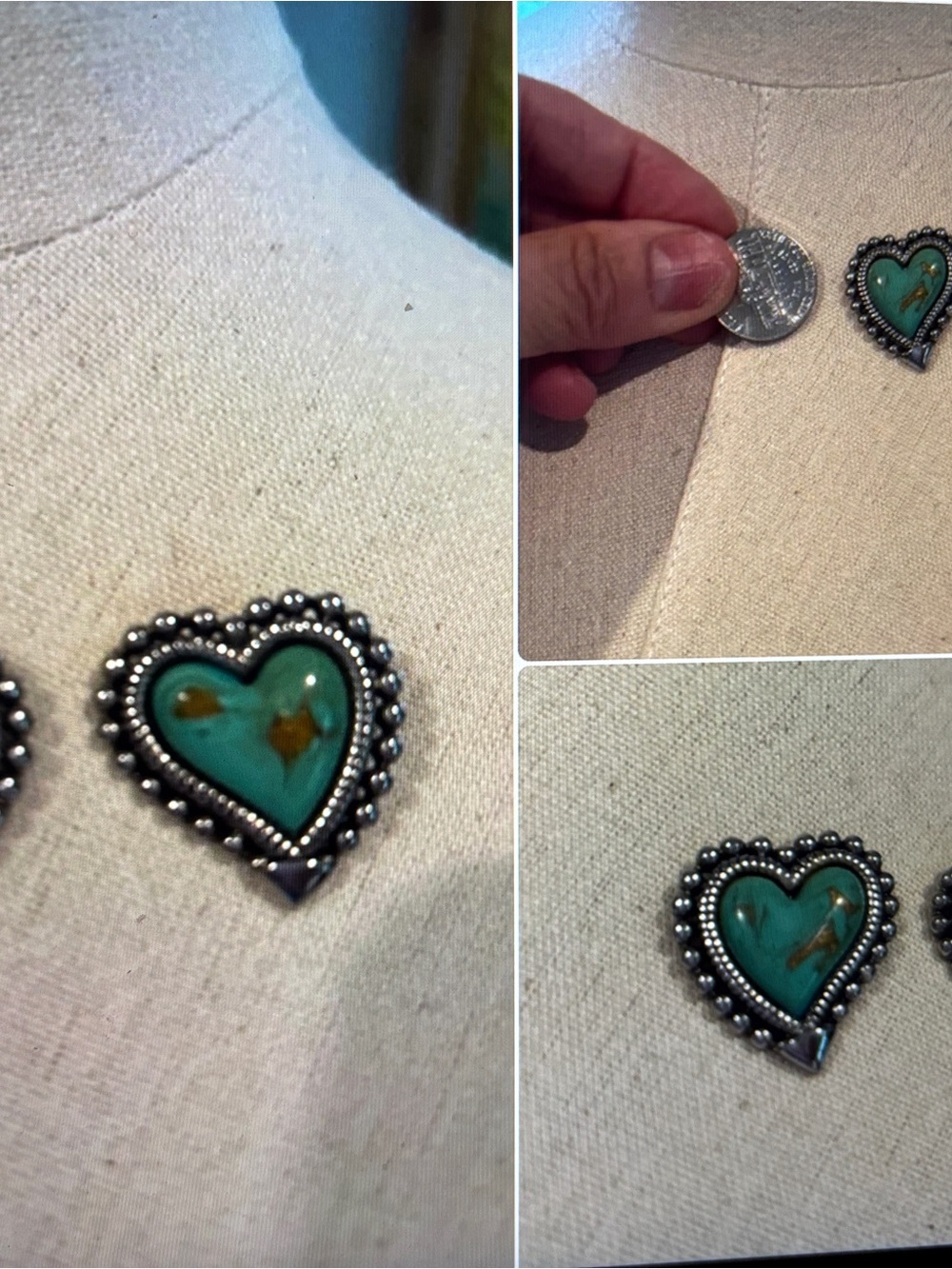 Turquoise Heart Stone Silver-Tone Beaded Brooch